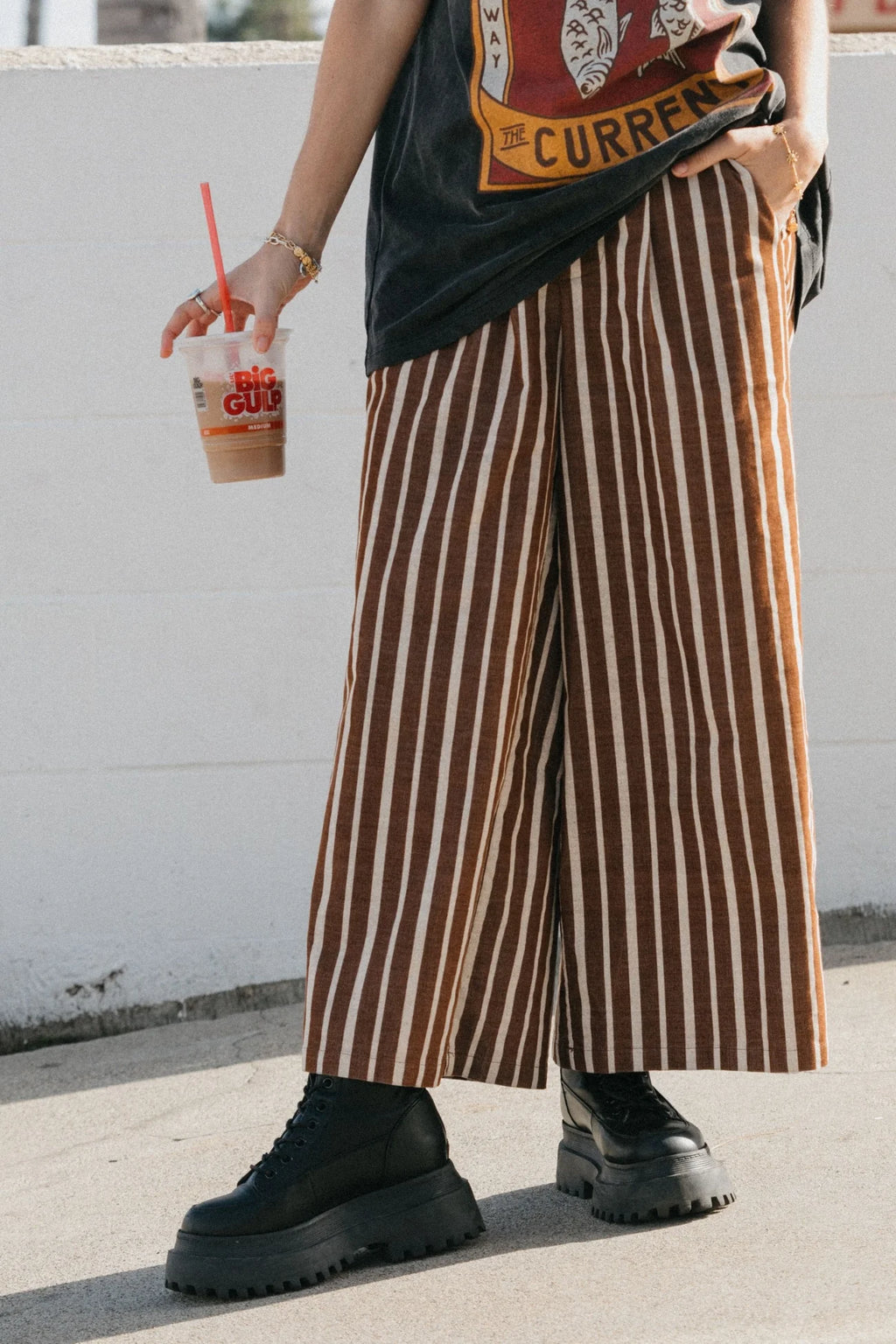 OTTWAY Gabbi Striped Mid-Waist Cord Pants