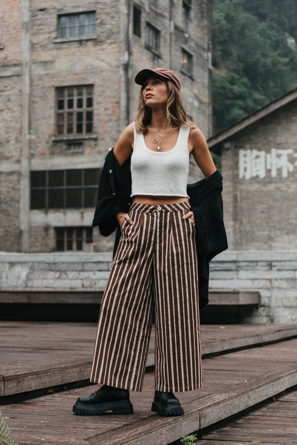 OTTWAY Gabbi Striped Mid-Waist Cord Pants